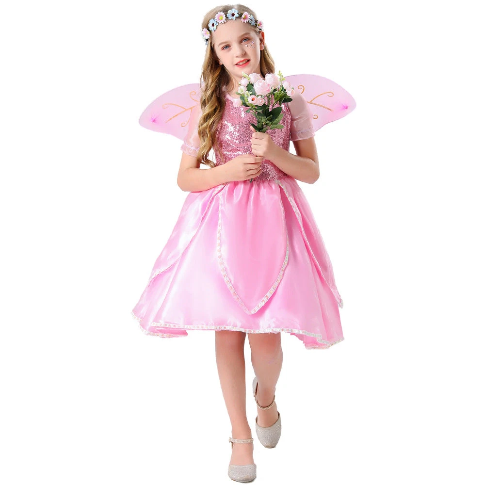 2023 Child Elf Princess Costume Girls Pink Flower Fairy Costume With Wings Fairy Godmother Cosplay Performance Costume 3 2023 Child Elf Princess Costume Girls Pink Flower Fairy Costume With Wings Fairy Godmother Cosplay Performance Costume