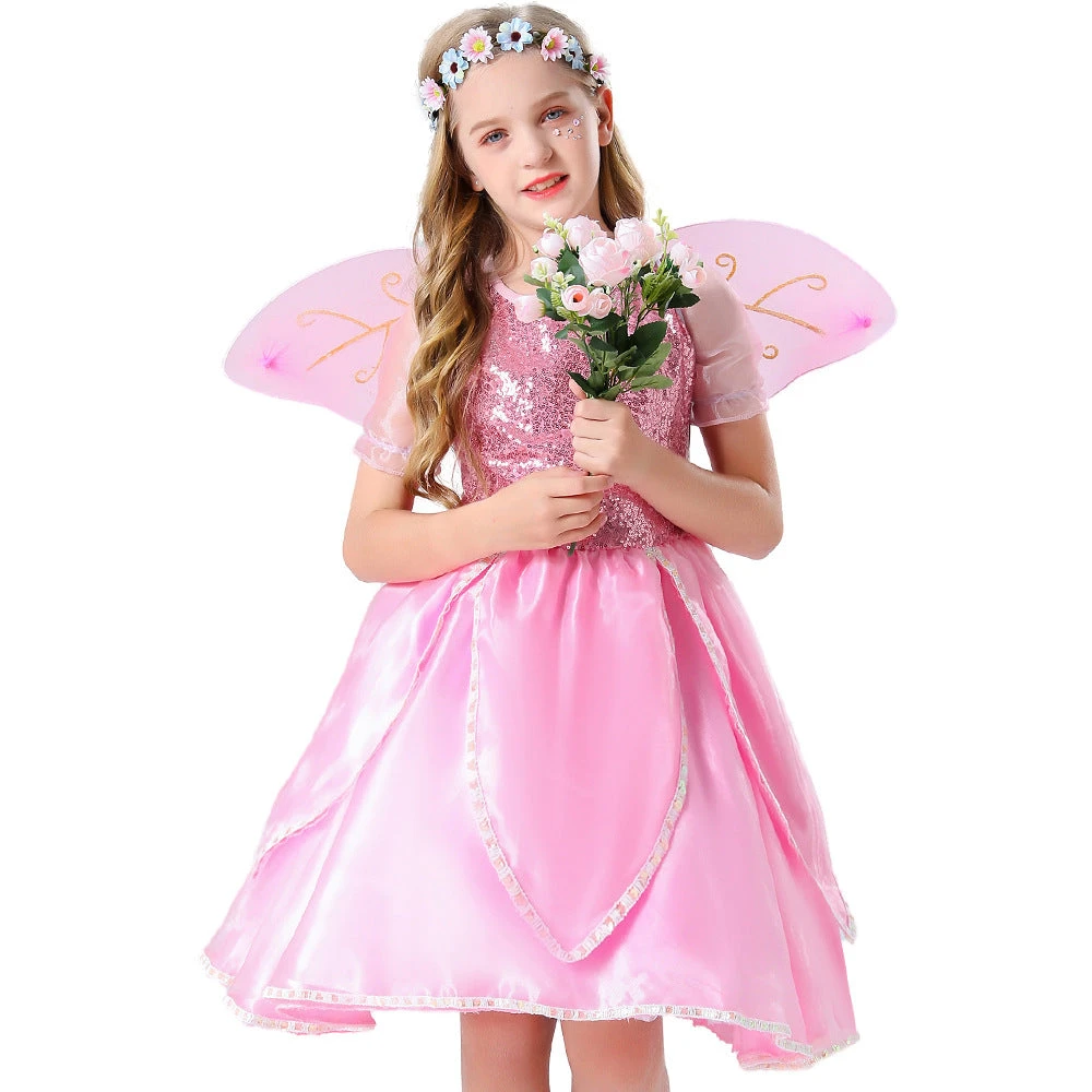 2023 Child Elf Princess Costume Girls Pink Flower Fairy Costume With Wings Fairy Godmother Cosplay Performance Costume 4 2023 Child Elf Princess Costume Girls Pink Flower Fairy Costume With Wings Fairy Godmother Cosplay Performance Costume - Image 2