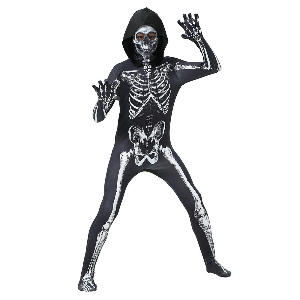 2023 Children's Halloween Skeleton Cosplay Hooded Zentai Costume Boys And Girls Halloween Carnival Party Costumes 3 2023 Children's Halloween Skeleton Cosplay Hooded Zentai Costume Boys And Girls Halloween Carnival Party Costumes