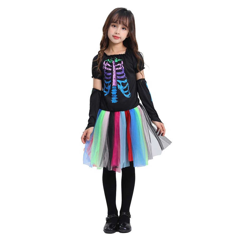 2023 Halloween Kids Colorful Neon Skeleton Costume School Party Halloween Girls Mesh Dress Costume 4 2023 Halloween Kids Colorful Neon Skeleton Costume School Party Halloween Girls Mesh Dress Costume - Image 2
