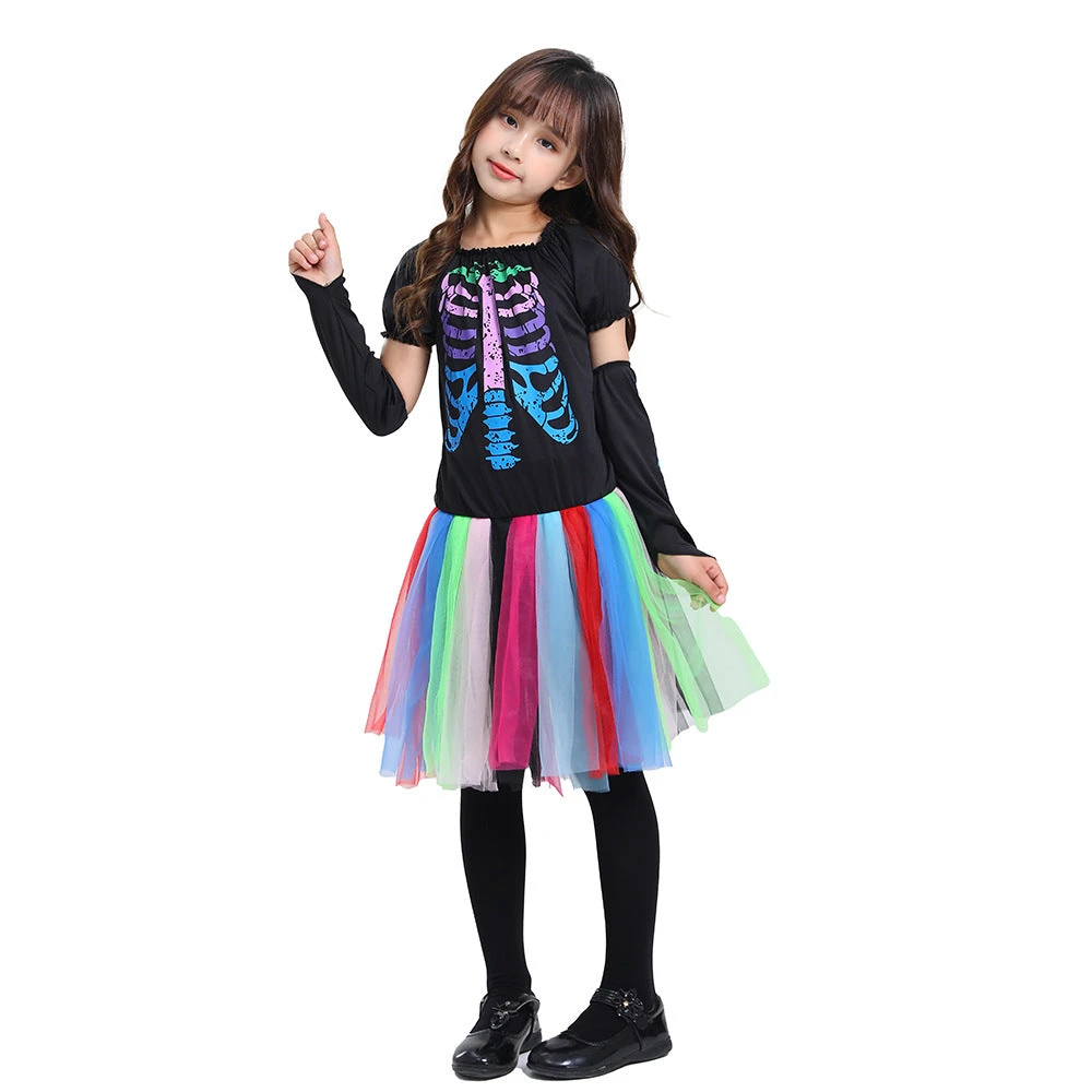 2023 Halloween Kids Colorful Neon Skeleton Costume School Party Halloween Girls Mesh Dress Costume 3 2023 Halloween Kids Colorful Neon Skeleton Costume School Party Halloween Girls Mesh Dress Costume