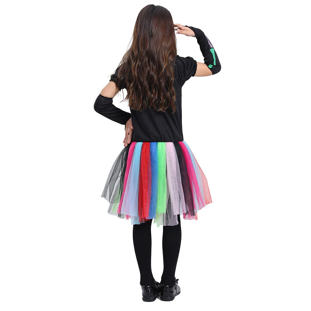 2023 Halloween Kids Colorful Neon Skeleton Costume School Party Halloween Girls Mesh Dress Costume 6 2023 Halloween Kids Colorful Neon Skeleton Costume School Party Halloween Girls Mesh Dress Costume - Image 4