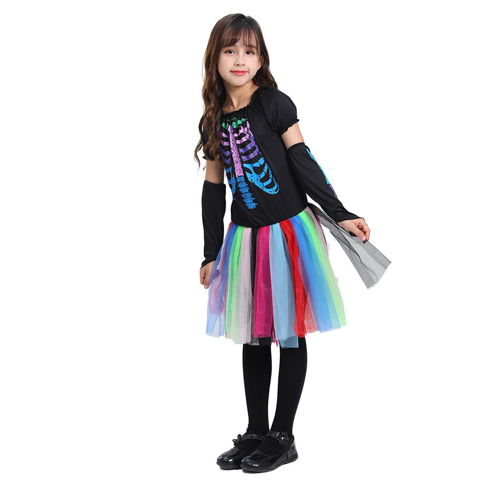 2023 Halloween Kids Colorful Neon Skeleton Costume School Party Halloween Girls Mesh Dress Costume 7 2023 Halloween Kids Colorful Neon Skeleton Costume School Party Halloween Girls Mesh Dress Costume - Image 5