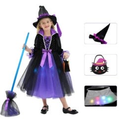 2023 Halloween Kids Costume Girls Wizard Glow Purple Dress Witch Princess Mesh Dress Performance Costume