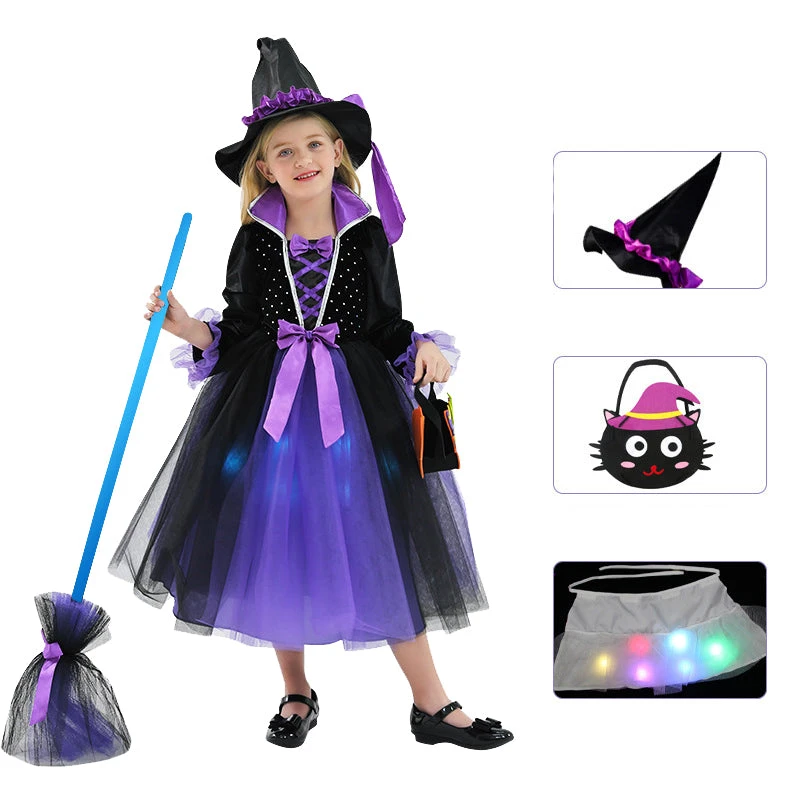 2023 Halloween Kids Costume Girls Wizard Glow Purple Dress Witch Princess Mesh Dress Performance Costume 3 2023 Halloween Kids Costume Girls Wizard Glow Purple Dress Witch Princess Mesh Dress Performance Costume