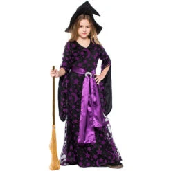 2023 Kids Girls Purple Witch Costume Purple Star And Moon Printed Witch Long Dresses Stage Performance Costumes