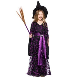 2023 Kids Girls Purple Witch Costume Purple Star And Moon Printed Witch Long Dresses Stage Performance Costumes -Procosplayshop 2023KidsGirlsPurpleWitchCostumePurpleStarandMoonPrintedWitchLongDressesStagePerformanceCostumes 4
