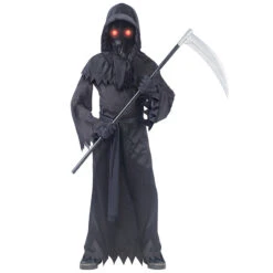 2023 New Kids Halloween Costume Red Light Eyes Reaper Costume Robe With Scythe Props For Girls Boys