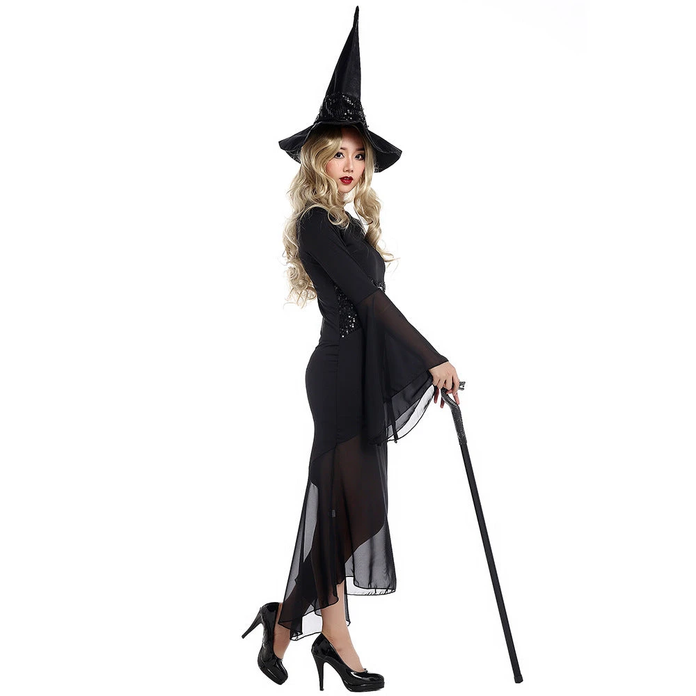 Sexy Black Muslin Witch Cosplay Costume Halloween & Stage Performance & Party 5 Sexy Black Muslin Witch Cosplay Costume Halloween & Stage Performance & Party - Image 3