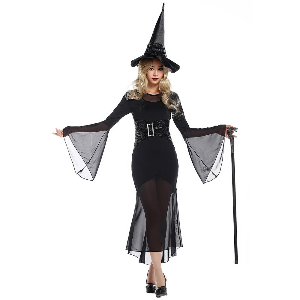 Sexy Black Muslin Witch Cosplay Costume Halloween & Stage Performance & Party 7 Sexy Black Muslin Witch Cosplay Costume Halloween & Stage Performance & Party - Image 5