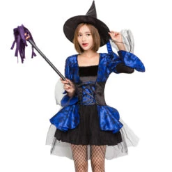 Deluxe Mesh Lace Blue & Black Witch Costume Halloween/Stage Performance/Party