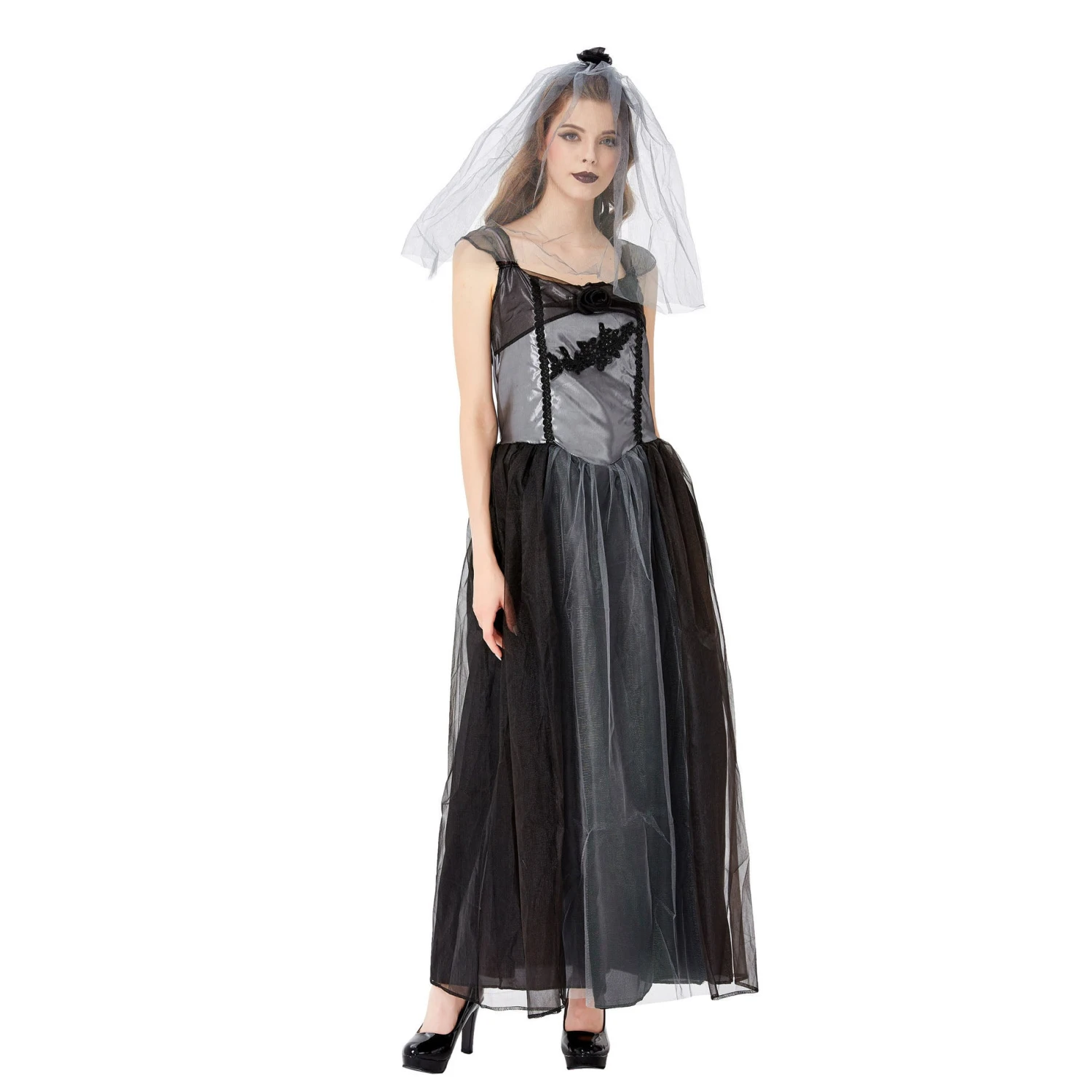 Adult Women's Black Ghost Bride Halloween Cosplay Costume Dress - Image 3