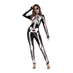 Adults Women Skeleton Blood Vessel Halloween Cosplay Costume Jumpsuit