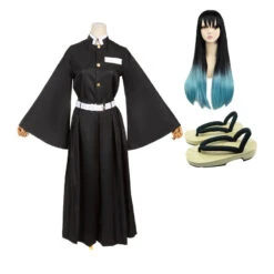 Anime Muichiro Tokito Whole Set Costume+Wigs+Wood Clogs Shoes Halloween Cosplay Outfit