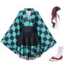 Anime Tanjiro Kamado Female Ver. Costume Lolita Dress+Wigs+Shoes Full Set