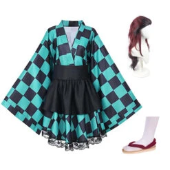 Anime Tanjiro Kamado Female Ver. Costume Lolita Dress+Wigs+Shoes Full Set