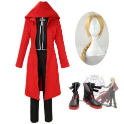 Fullmetal Alchemist Edward Elric Whole Set Costume With Wigs And PU Boots Halloween Carnival Cosplay Outfit Set