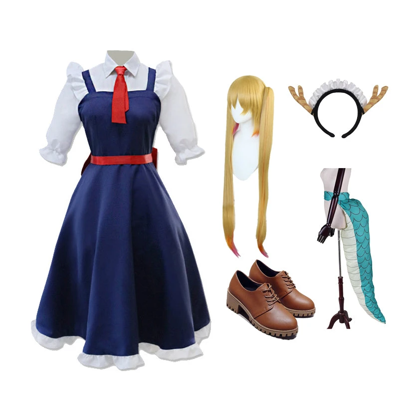 Anime Miss Kobayashi's Dragon Maid Tohru Costume+Wigs+Horns+Shoes+Tail Full Set Halloween Cosplay Outfit 3 Anime Miss Kobayashi's Dragon Maid Tohru Costume+Wigs+Horns+Shoes+Tail Full Set Halloween Cosplay Outfit