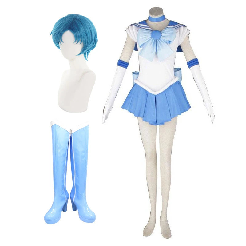 Anime Sailor Moon Ami Mizuno Sailor Mercury Whole Set Costume+Wigs+Cosplay Boots Cosplay Outfit Set 3 Anime Sailor Moon Ami Mizuno Sailor Mercury Whole Set Costume+Wigs+Cosplay Boots Cosplay Outfit Set