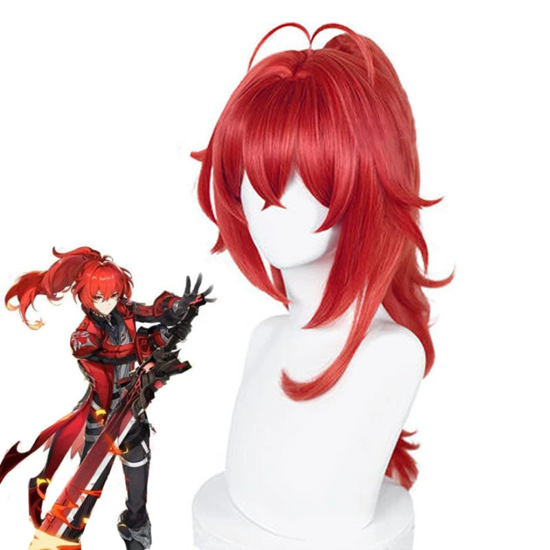 Genshin Impact Diluc Skin Costume Red Dead Of Night Cosplay Wigs High Ponytail Red Wigs 3 Genshin Impact Diluc Skin Costume Red Dead Of Night Cosplay Wigs High Ponytail Red Wigs
