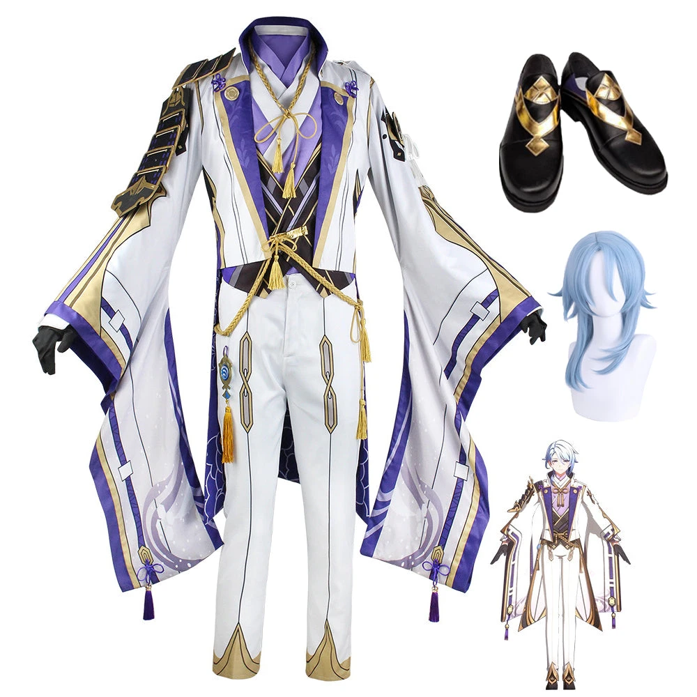 Genshin Impact Kamisato Ayato Costume+Wigs+Shoes Full Set Halloween Cosplay Costume Outfit 3 Genshin Impact Kamisato Ayato Costume+Wigs+Shoes Full Set Halloween Cosplay Costume Outfit