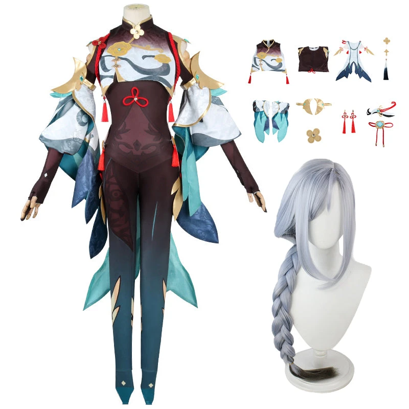 Genshin Impact Shenhe Cosplay Costume Full Set With Wigs Halloween Whole Set Shenhe Costume 3 Genshin Impact Shenhe Cosplay Costume Full Set With Wigs Halloween Whole Set Shenhe Costume