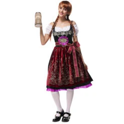 Women Beer Festival Oktoberfest Dark Red Party Costume Waitress Maid Costume