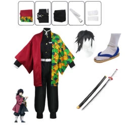 Anime Giyu Tomioka Costume+Wigs+Shoes+Weapon Sword Props Whole Set Halloween Costume Set